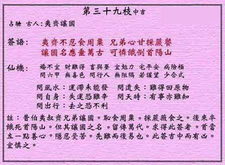 黄大仙灵签 第39签解签：中吉 夷齐让国