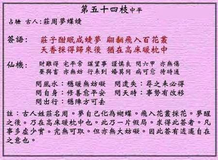 黄大仙灵签 第54签解签：中平 庄周梦蝶蜨